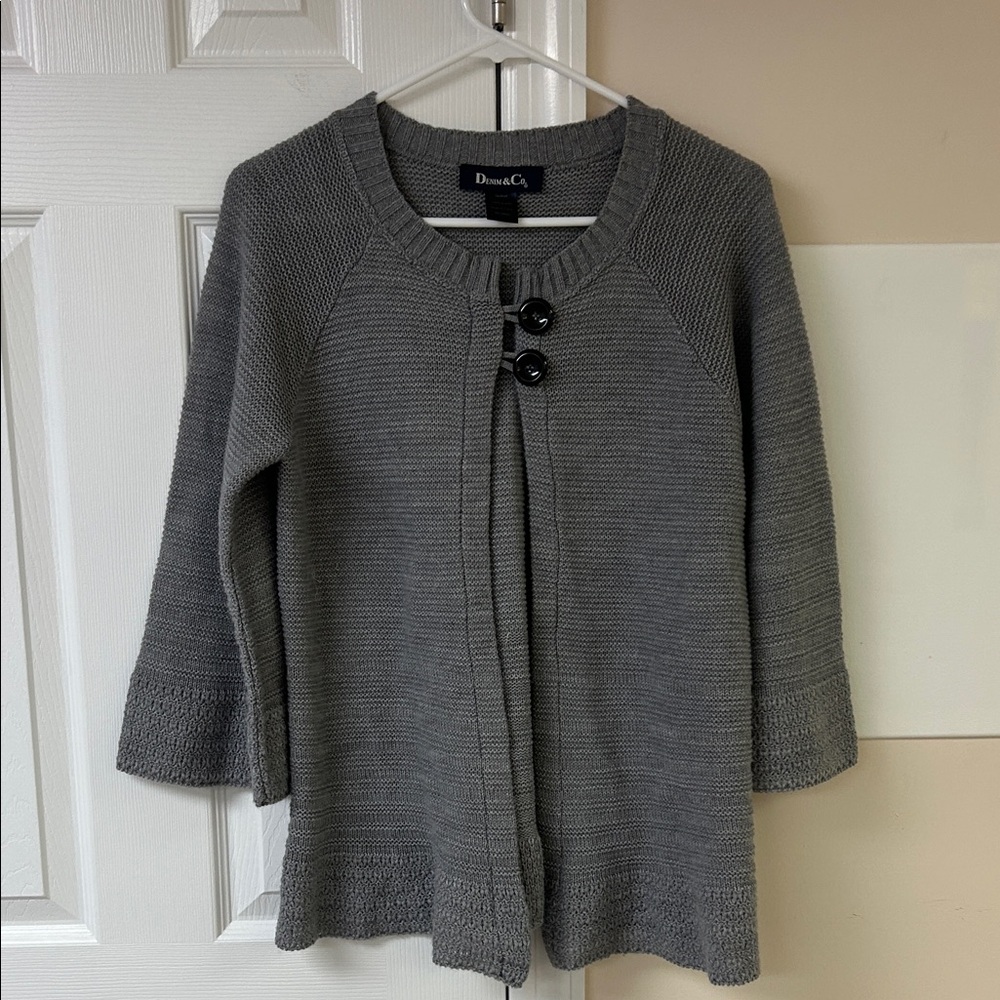 Denim&Co Slate Gray Two-Button Open Cardigan